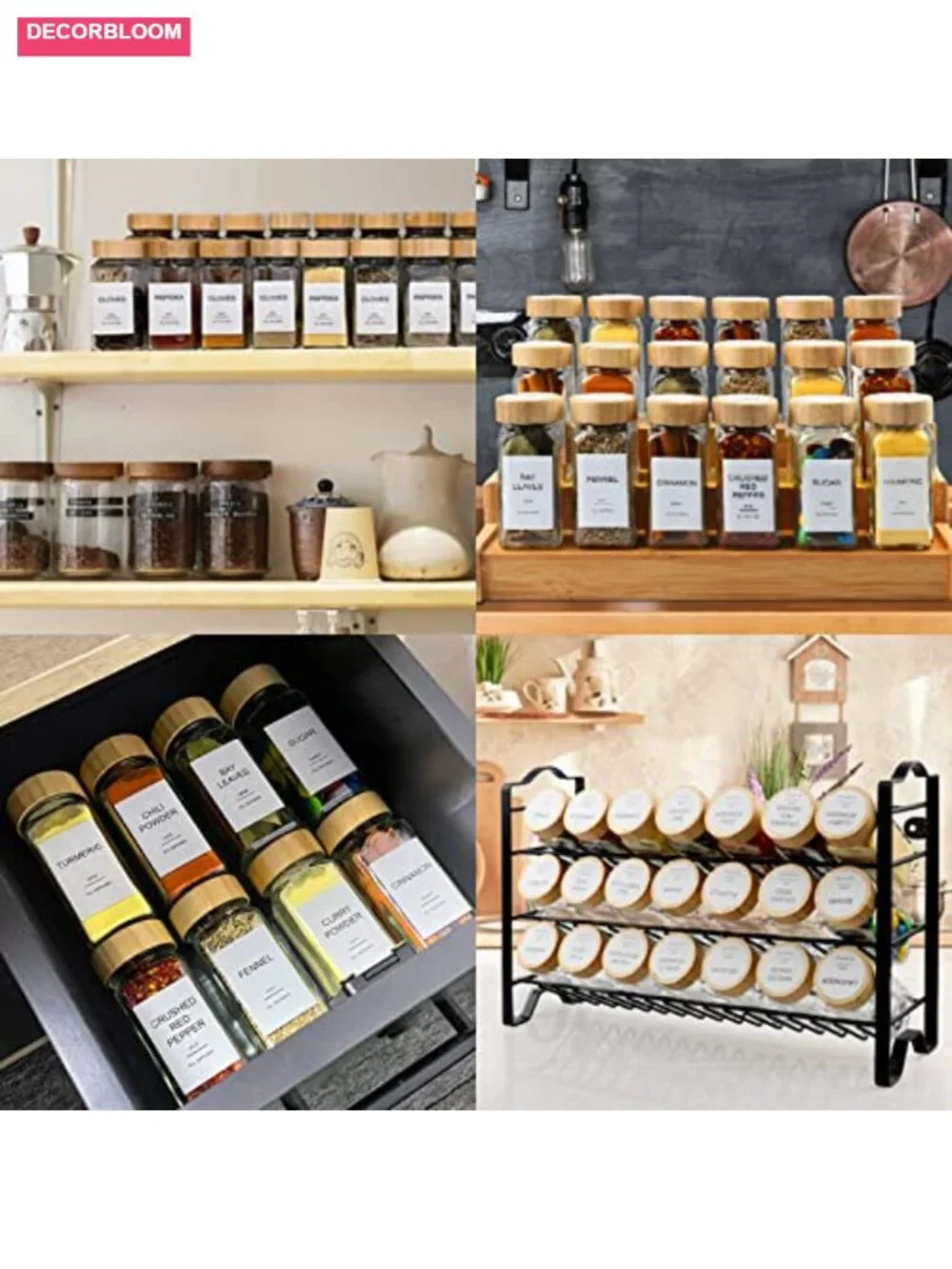 24 Pc Glass Spice Jars with Bamboo Lids, Shaker Lids, Labels, Funnel